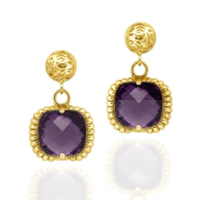 Unaloe Gold / Purple Gold Plated  Hydrothermal Quartz Drop Earrings With Engraved Stud And Cushion Cut Ston In Multi