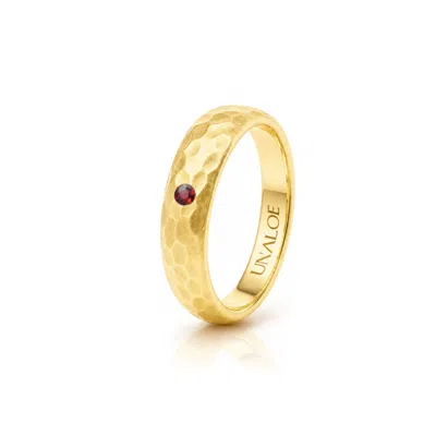 Unaloe Gold / Red Men's Hammered Gold Plated Band Ring With Natural Ruby In Gold/red