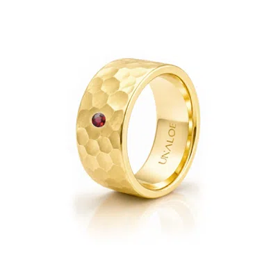 Unaloe Gold / Red Men's Hammered  Gold Plated Wide Band Ring With Natural Ruby In Gold/red