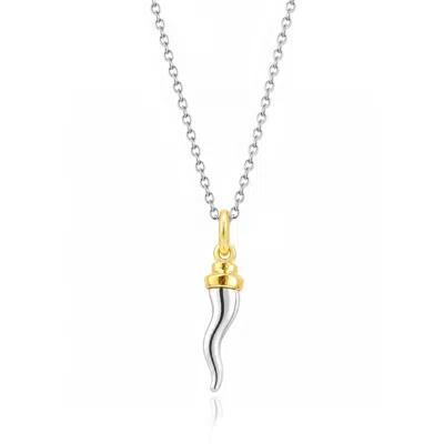 Unaloe Gold / Silver Men's Two-tone Sterling Silver Italian Horn Cornicello Necklace With Gold Plated Bowle In Gold/silver
