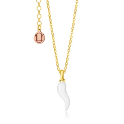 Unaloe Gold / White Men's White Enamel Cornicello Necklace – Italian Horn Pendant In Gold Plated In Gold/white
