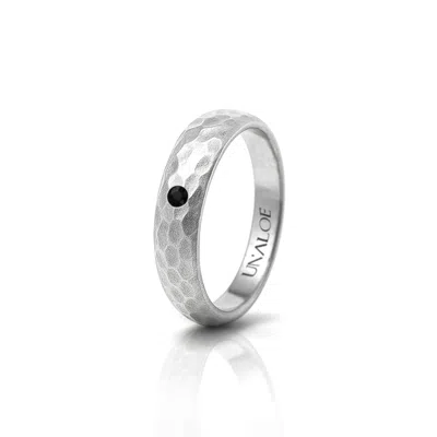 Unaloe Men's Silver / Black Black Diamond Silver Band Ring – Slim Hammered Wedding Ring, Modern Stackable S In Silver/black