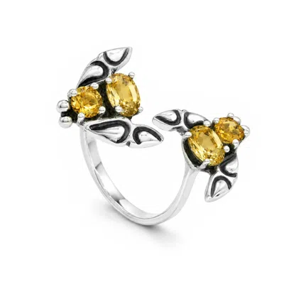 Unaloe Men's Silver / Yellow Sterling Silver Double Fly Open Ring With Faceted Yellow Stones In Silver/yellow