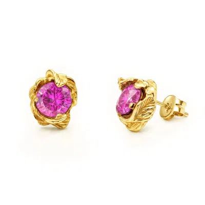 Unaloe Pink / Gold Gold Plated  Stud Earrings With Pink Zirconia – Elegant Floral Earrings For Women – Wome In Multi