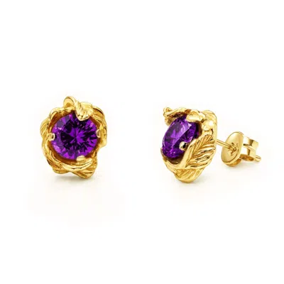 Unaloe Purple / Gold Gold Plated Sterling Silver Stud Earrings With Violet Zirconia – Floral Vintage Earrin In Multi