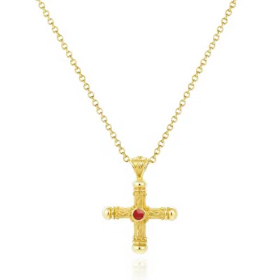 Unaloe Red / Gold Sakros Cross Gold Vermeil Necklace With Natural Coral – Luxury Women's Religious Jewelry In Multi
