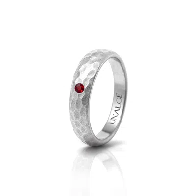 Unaloe Red / Silver Men's Hammered Sterling Silver Band Ring With Ruby