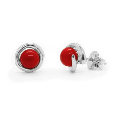 Unaloe Red / Silver Sterling Silver Red Coral Stud Earrings – Handmade Italian Jewelry For Women In Red/silver