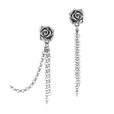 Unaloe Shine Asymmetric Rose Drop Earrings In Sterling Silver – Floral Chain Jewelry – Earrings For Women