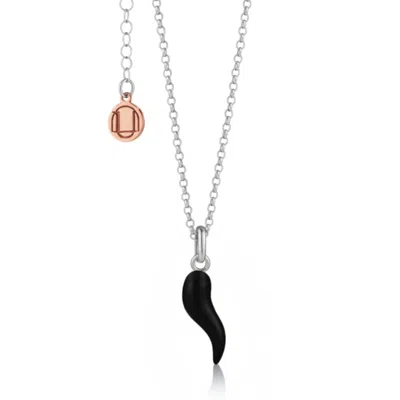 Unaloe Silver / Black Men's Black Enamel Cornicello Necklace – Italian Horn Pendant In Sterling Silver In Silver/black