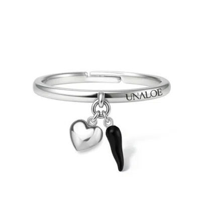 Unaloe Silver / Black Sterling Silver Adjustable Ring With Black Enamel Italian Horn And Heart – Protection