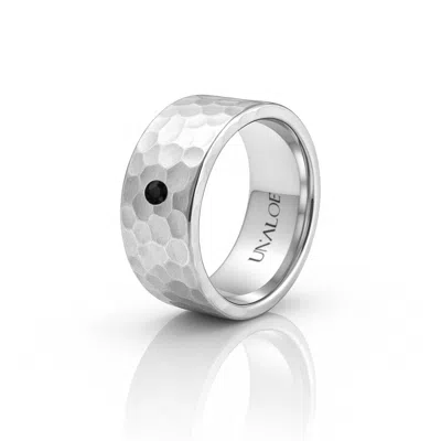 Unaloe Silver / Black Sterling Silver Hammered Band Ring With Black Diamond – Gift For His Modern Luxury St In Silver/black
