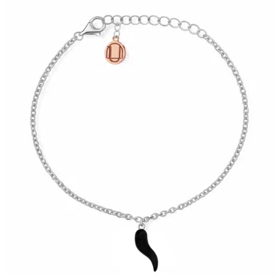 Unaloe Silver / Black Sterling Silver Horn Charm Black Chain Bracelet For Women – Elegant Symbolic Jewelry In Multi
