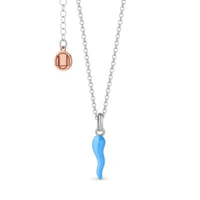 Unaloe Silver / Blue Men's Blue Enamel Cornicello Necklace – Italian Horn Pendant In Sterling Silver In Silver/blue