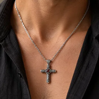 Unaloe Silver / Green Men's Geometric Cross Pendant With Emerald – Handmade Sterling Silver Necklace