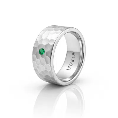 Unaloe Silver / Green Sterling Silver Hammered Band Ring With Emerald – Gift For His Modern Luxury Statemen In Silver/green