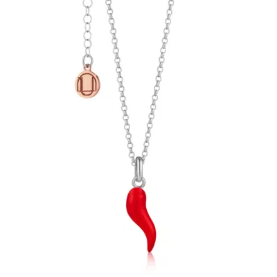 Unaloe Silver / Red Men's Red Enamel Cornicello Necklace – Italian Horn Pendant In Sterling Silver In Silver/red