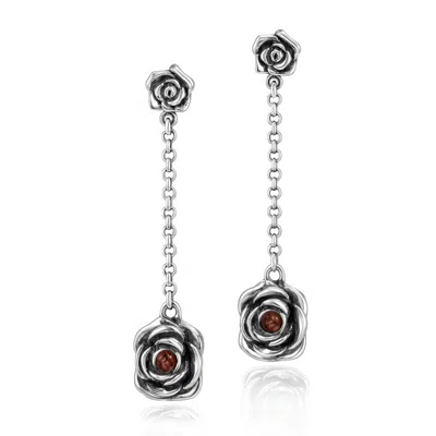 Unaloe Silver / Red Rocks Sterling Silver Rose Drop Earrings With Ruby Stone – Earrings For Women – Jewelry In Multi