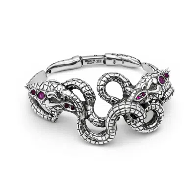Unaloe Silver / Red Sterling Silver Double Snake Bracelet With Natural Rubies – Italian Serpent Jewelry, Lu In Multi