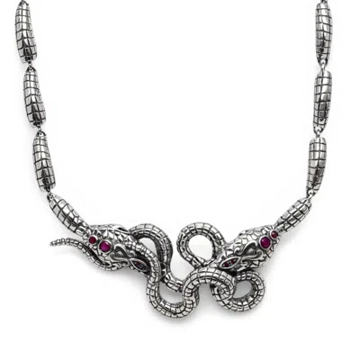 Unaloe Silver / Red Sterling Silver Double Snake Necklace With Natural Rubies – Luxury Serpent Pendant Neck In Multi