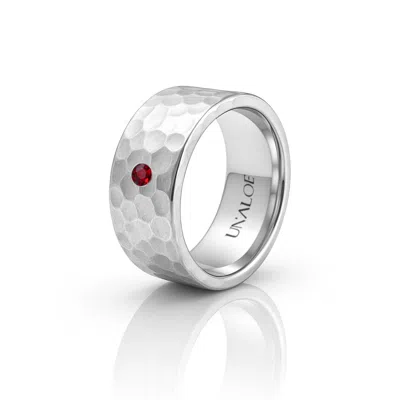 Unaloe Silver / Red Sterling Silver Hammered Band Ring With Ruby – Gift For Her Minimalist Statement Luxury In Multi