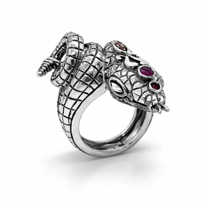Unaloe Silver / Red Sterling Silver Snake Ring With Natural Rubies – Serpent Statement Ring, Luxury Italian In Multi