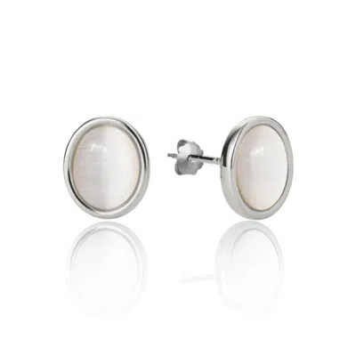 Unaloe Silver / White Oval Lobe Earrings In Sterling Silver With Mother Of Pearl -  Jewelry For Women In Silver/white