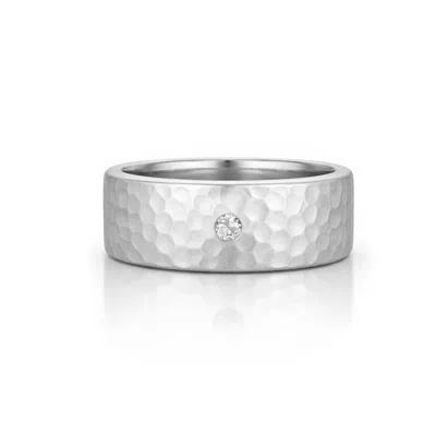 Unaloe Silver / White Sterling Silver Hammered Band Ring With Diamond – Gift For His Luxury Statement Fine  In Silver/white