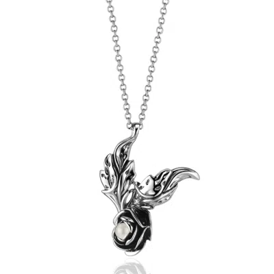 Unaloe Silver / White Sterling Silver Pearl Necklace – Black Rose Oxidized Floral Pendant, Handmade Italian