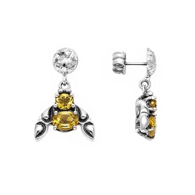 Unaloe Silver / Yellow Women's Sterling Silver Insect Drop Earrings – Handcrafted Jewelry With Two Faceted  In Silver/yellow
