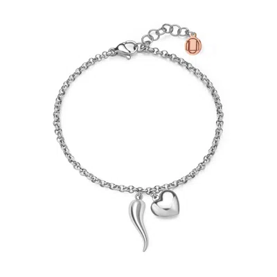Unaloe Sterling Silver Italian Horn & Heart Bracelet – Symbolic Lucky Charm Jewelry For Women, Handmade In  In Metallic