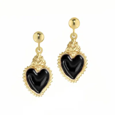 Unaloe Women's Black / Gold Silver Earrings With Gold-plated Black Heart Pendant