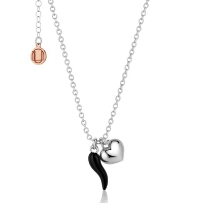 Unaloe Women's Black / Silver Sterling Silver Black Enamel Cornicello Necklace With Heart Charm – Handmade  In Multi