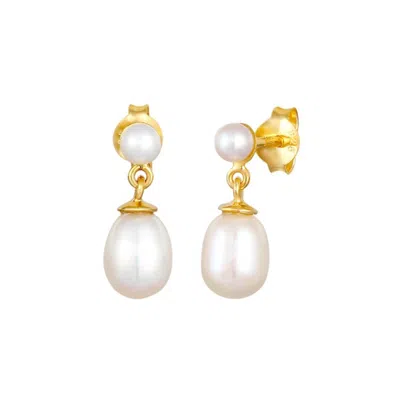 Unaloe Women's Earrings With  Gold-plated Silver Stud Pearl And Dangling Pearl Chain