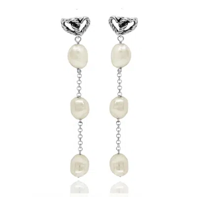 Unaloe Women's Earrings With Intertwined Hearts And Pearls In Sterling Silver