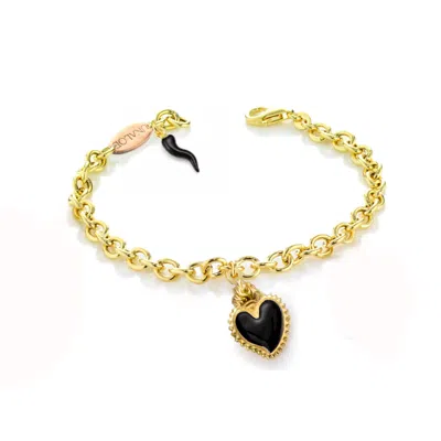 Unaloe Women's Gold / Black Gold-plated Silver Bracelet With Black Heart Pendant And Horn