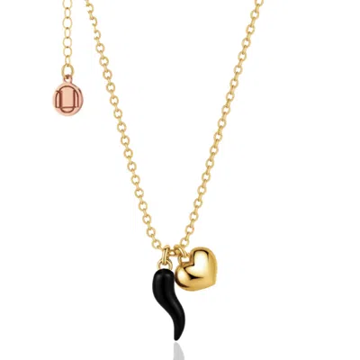 Unaloe Women's Gold / Black Gold Vermeil Black Enamel Cornicello Necklace With Heart Charm – Handmade Itali In Multi
