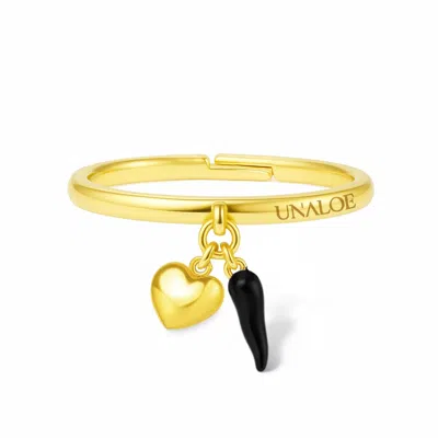 Unaloe Women's Gold / Black Italian Lucky Charm Ring In Gold Vermeil With Black Enamel Horn And Heart