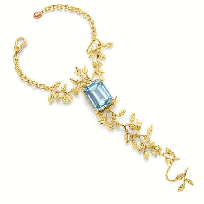 Unaloe Women's Gold / Blue Aquamarine-coloured Gemstone Leaf Hand Chain Bracelet – Gold Plated Sterling Sil In Gold/blue