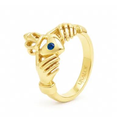 Unaloe Women's Gold / Blue Blue Sapphire Heart With Hands Ring – Gold-plated Sterling Silver In Gold/blue