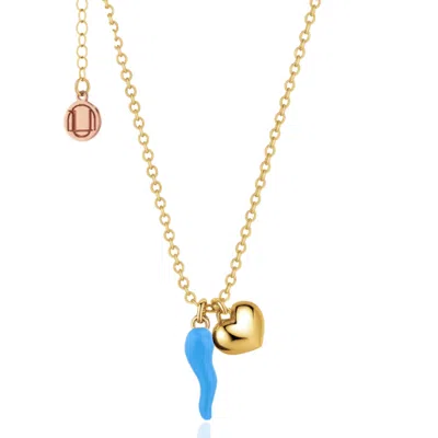 Unaloe Women's Gold / Blue Gold Vermeil Blue Enamel Cornicello Necklace With Heart Charm – Handmade Italian In Multi