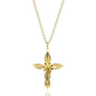 Unaloe Women's Gold / Green Cross Amen Necklace Gold-plated With Natural Emerald In Multi