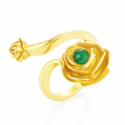 Unaloe Women's Gold / Green Gold Rose Ring With Natural Emerald– Adjustable Sterling Silver Flower Jewelry In Multi