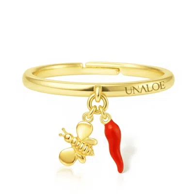 Unaloe Women's Gold / Red Adjustable Gold Plated Bee And Italian Horn Charm Ring In Multi