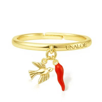 Unaloe Women's Gold / Red Adjustable Gold Plated Italian Horn And Dove Charm Ring In Multi
