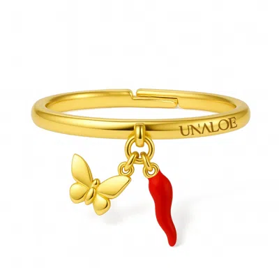 Unaloe Women's Gold / Red Butterfly & Lucky Charm Ring – Adjustable Sterling Silver Gold Plated- In Multi