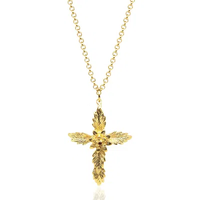 Unaloe Women's Gold / Red Cross Amen Necklace Gold-plated With Natural Ruby In Multi