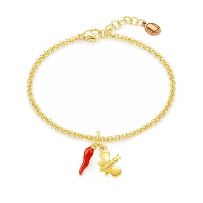 Unaloe Women's Gold / Red Gold Plated Bee And Red Cornicello Charm Bracelet In Multi