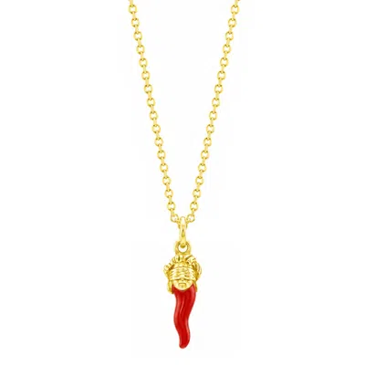 Unaloe Women's Gold / Red Gold Plated No Evil Red Italian Horn Pendant Necklace In Gold/red