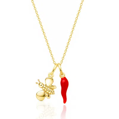 Unaloe Women's Gold / Red Gold Plated Sterling Silver Bee And Red Cornicello Charm Necklace In Multi